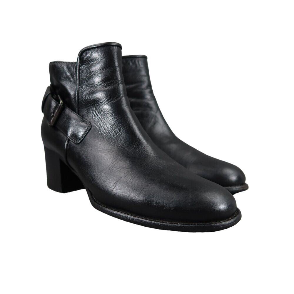 Aquatalia Shoes Women 7 Bootie Fashion Leather Block Heel Buckle Strap Black Zip